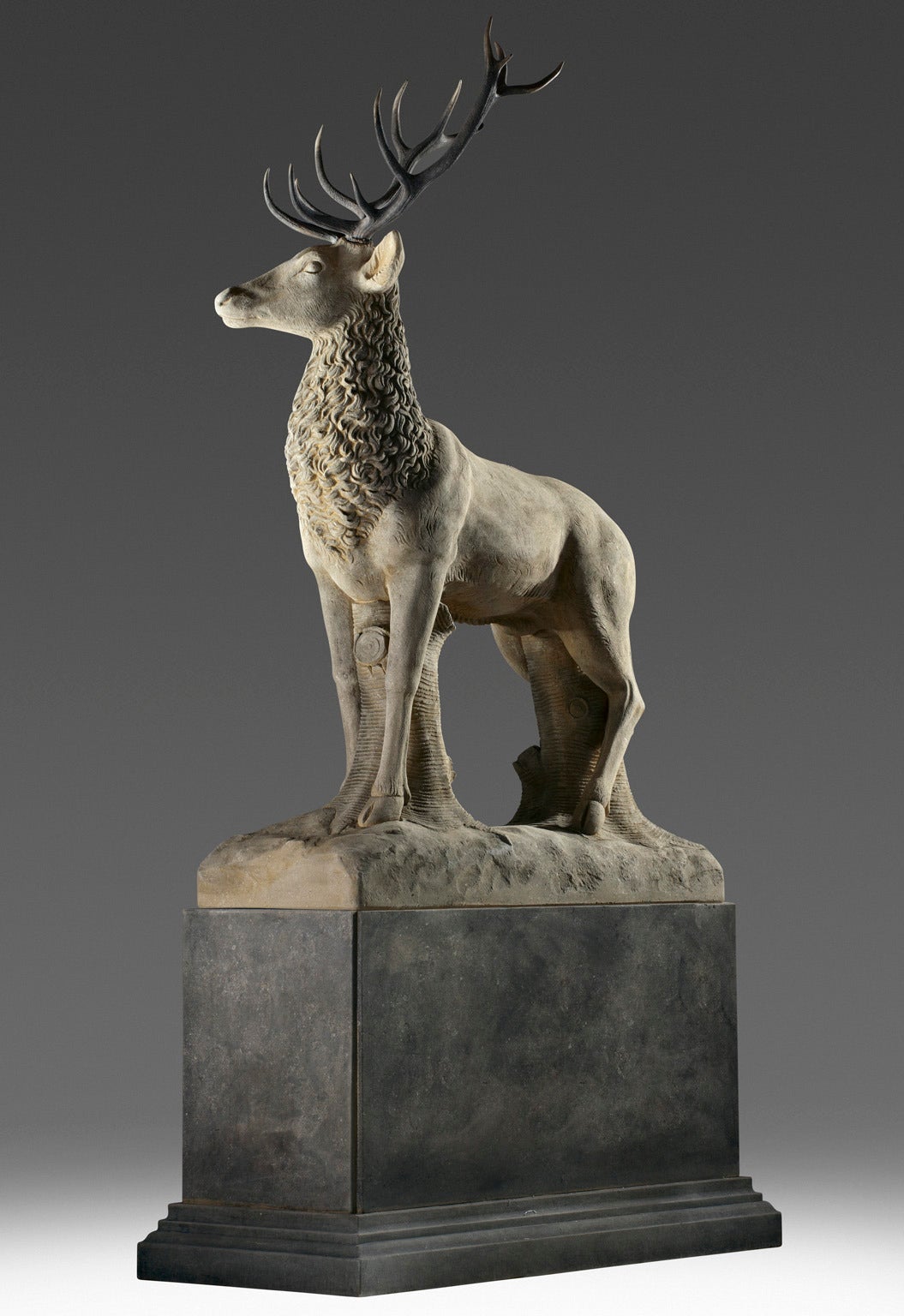 Large Sculpted Limestone and Antler Mounted Model of a Stag 1