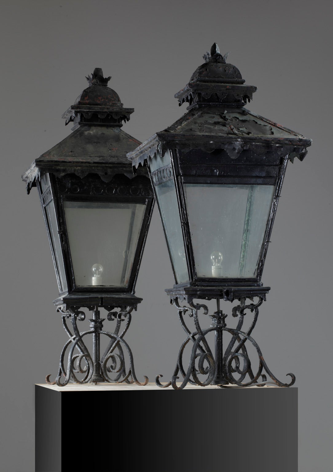 European Pair of Large Wrought Iron and Glazed Pier Lanterns