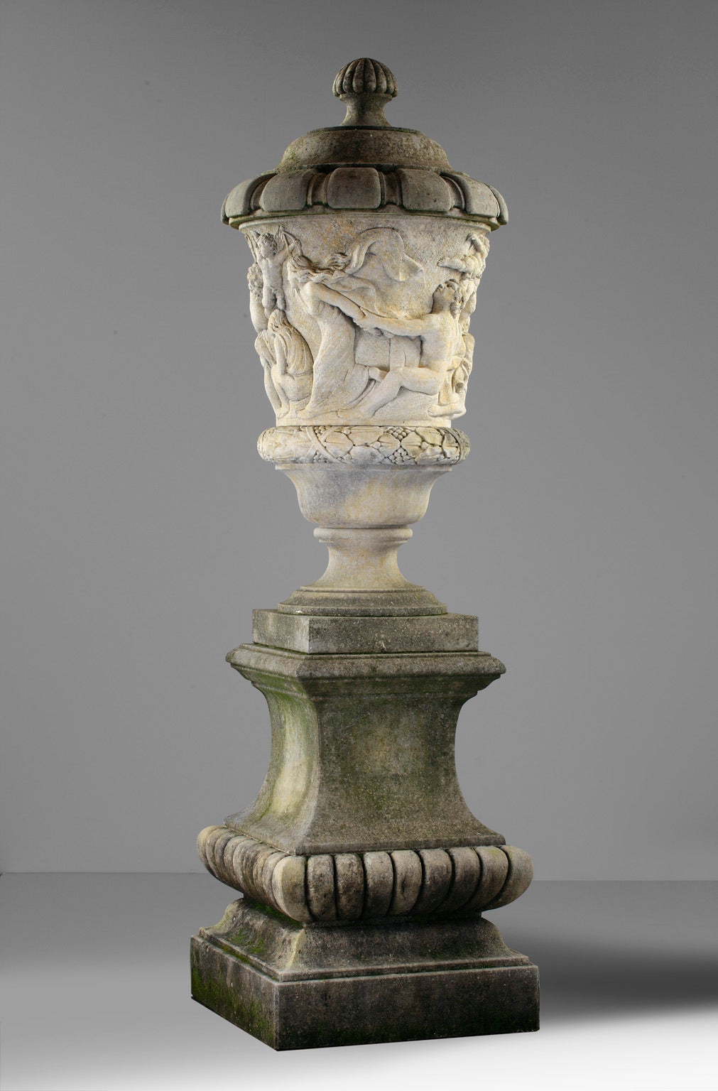 Baroque Pair of Large Italian Sculpted Stone Lidded Urns