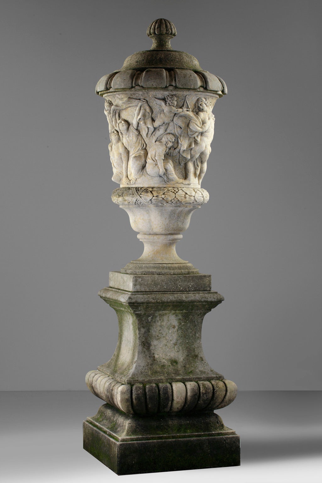 Pair of Large Italian Sculpted Stone Lidded Urns 1