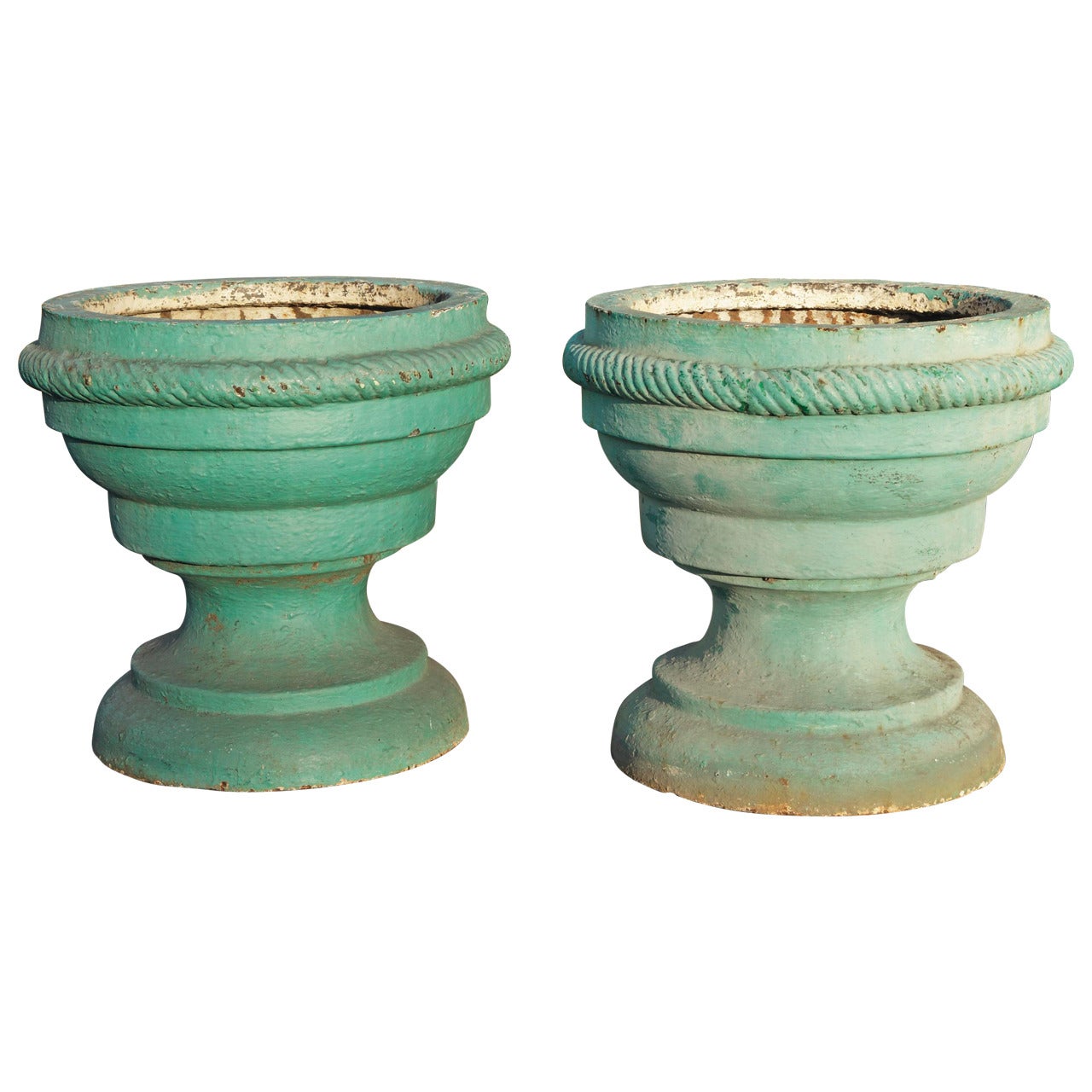 Pair of 18th Century Continental Green Painted Cast Iron Garden Urns