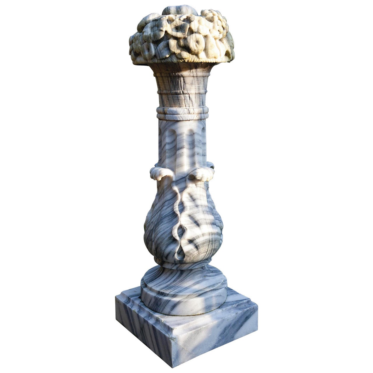 Carved Grey and White Variegated Marble Fountain