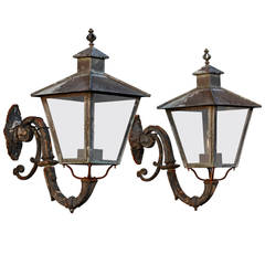 Antique Pair of French Copper, Glazed and Cast Iron Mounted Wall Lanterns