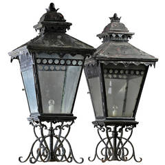 Pair of Large Wrought Iron and Glazed Pier Lanterns