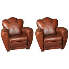 Pair of Early 20th Century French Art Deco Cognac Color Leather Club Chairs