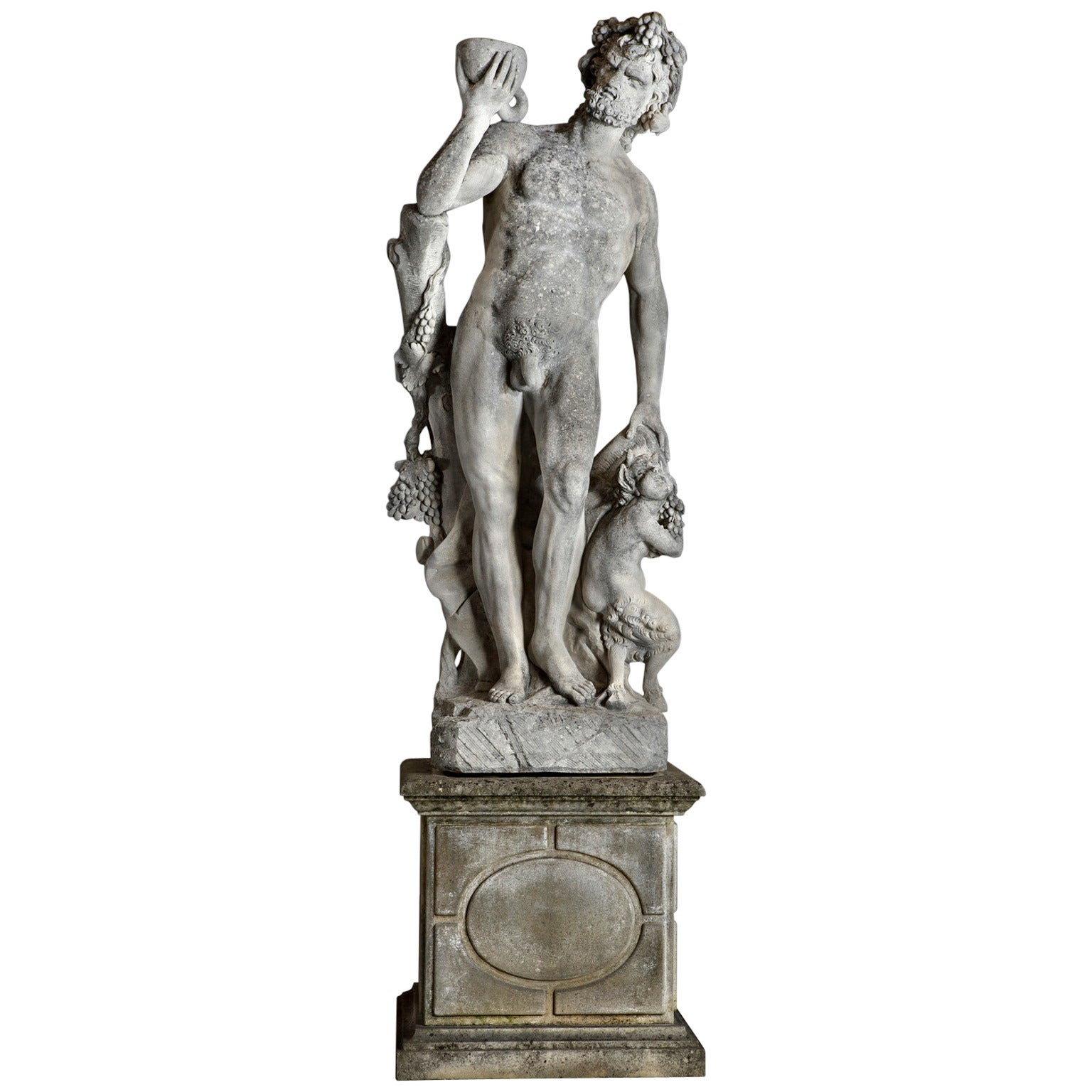 Monumentale italienische Skulptur einer Bacchus-Gruppe aus Kalkstein mit einem Satyr