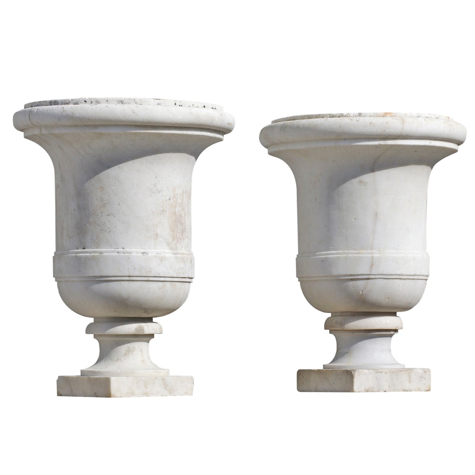 Pair of 19th Century Carved White Marble Garden Urns
