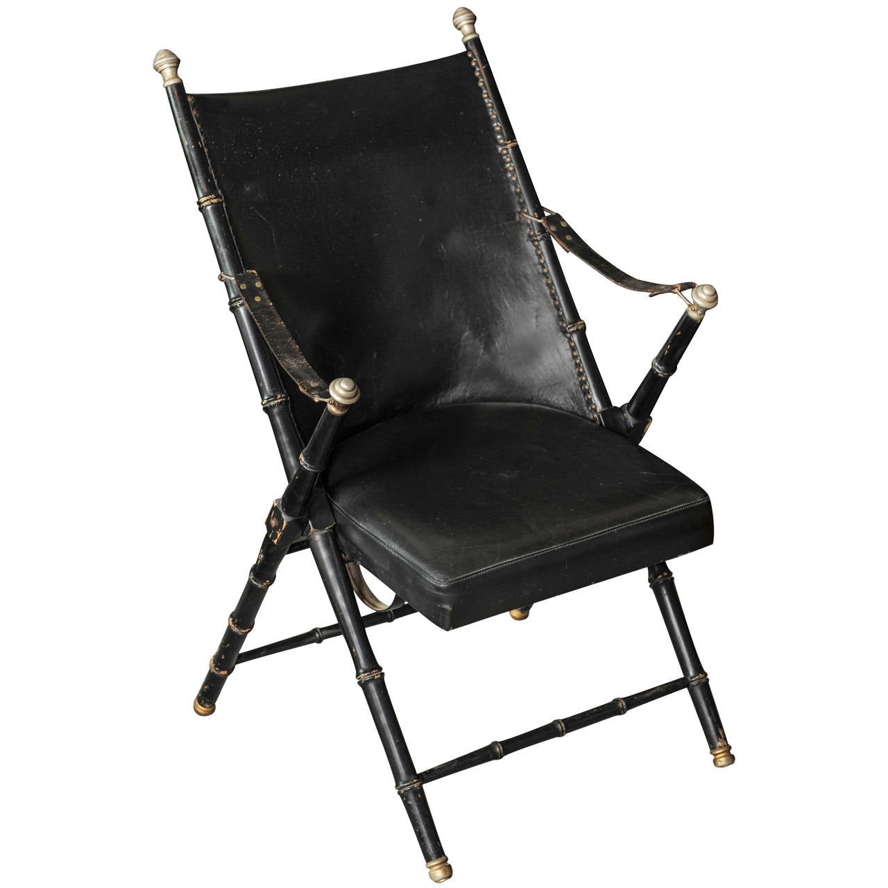 Maison Jansen Blackened Wood and Leather Campaign Chair For Sale at 1stdibs