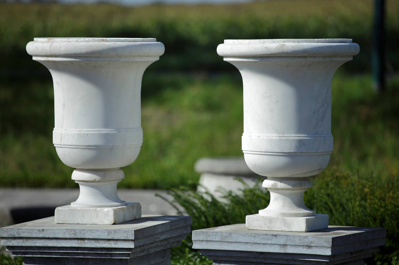 European Pair of 19th Century Carved White Marble Garden Urns