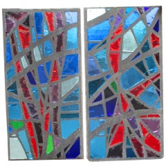 Vintage A pair of coloured glass-in-cement monastery windows