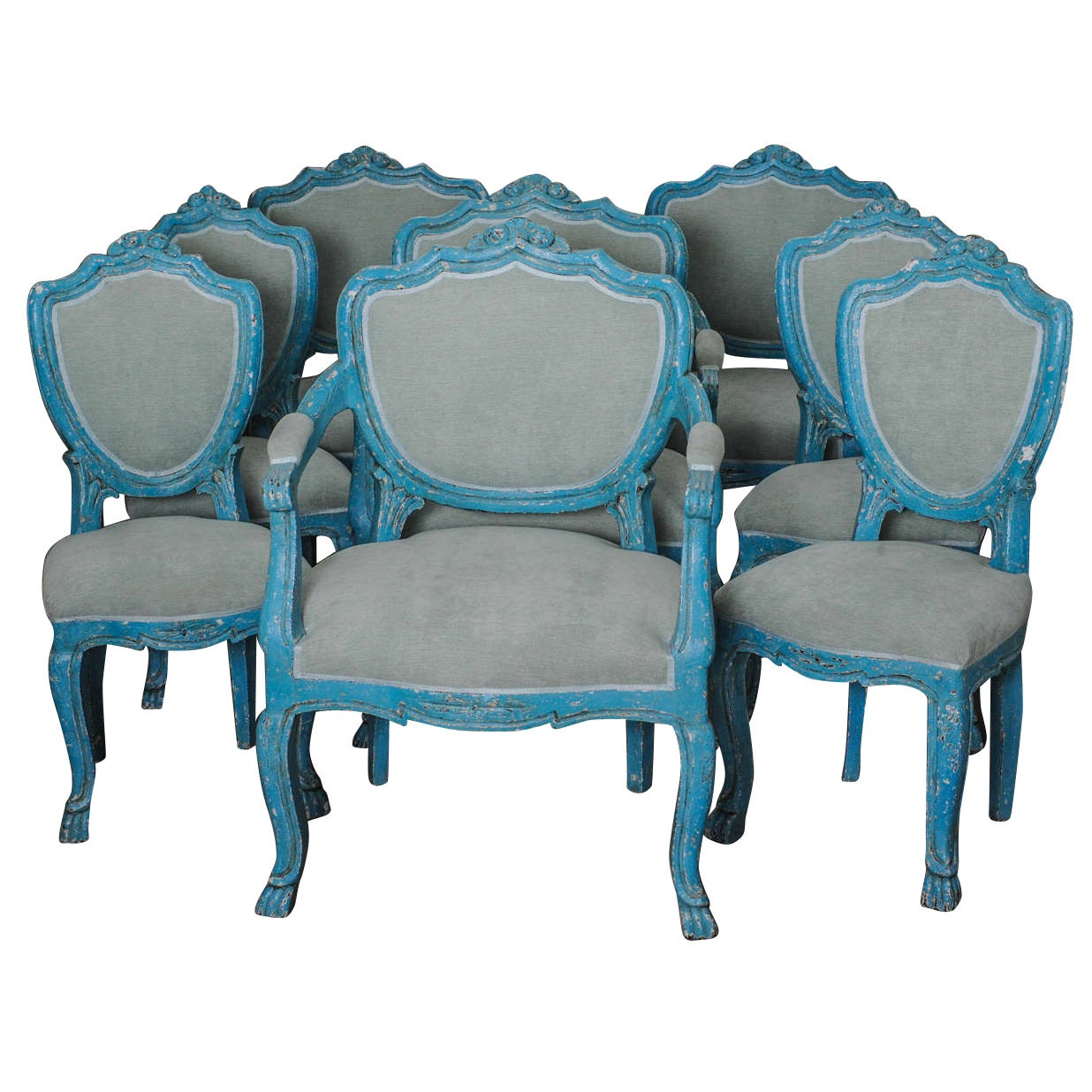 Set of 6 Antique Dining Chairs with Azure Blue Patina For Sale