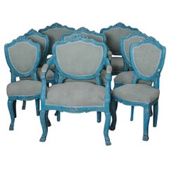 Set of 6 Antique Dining Chairs with Azure Blue Patina