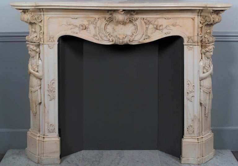 Carved 19th Century French Rococo Statuario Marble Fireplace or Mantel Piece