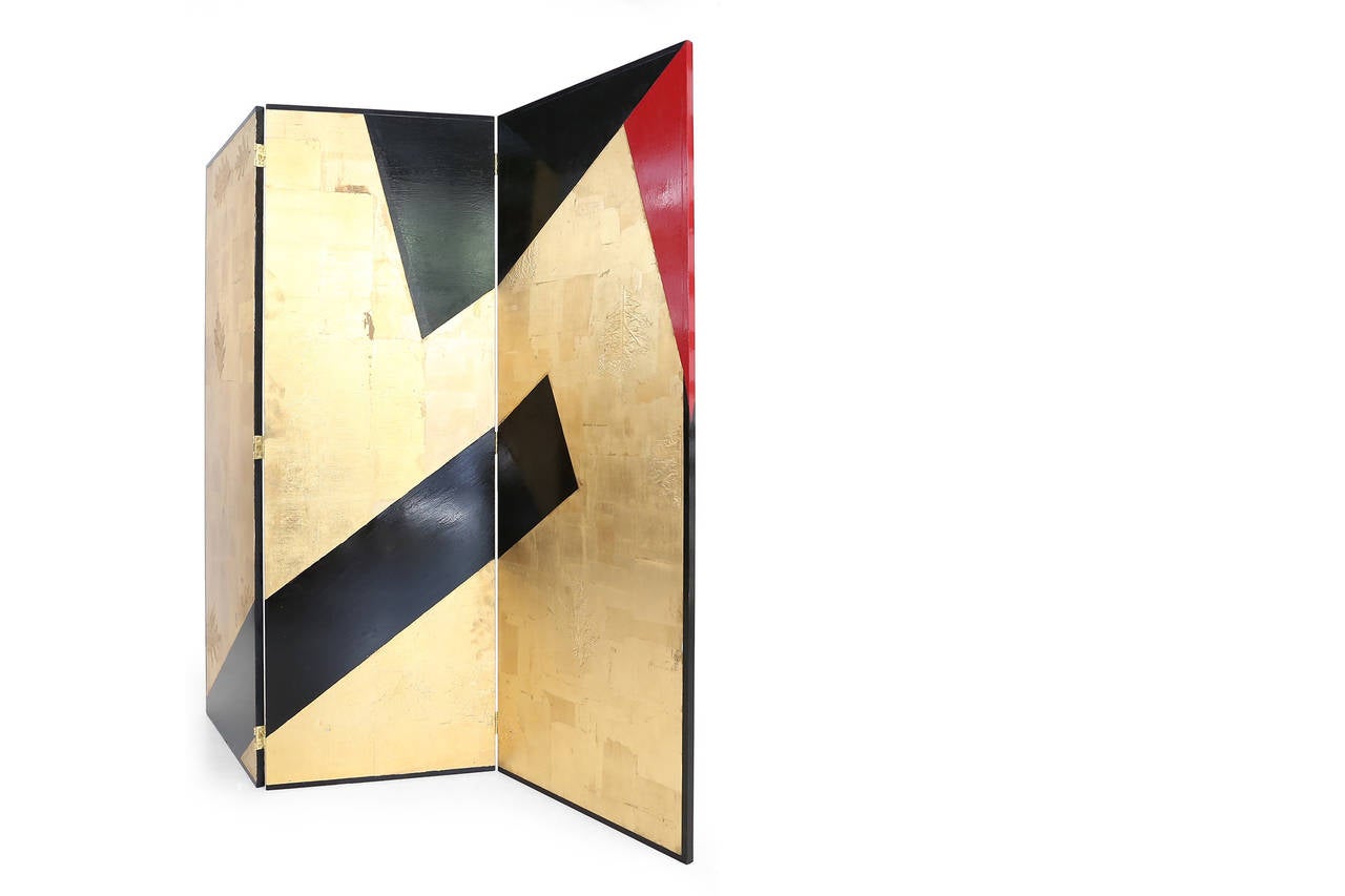 Three panel room divider or 'Paravent'
Finished on both sides | real leaf imprint
Gold leaf | Red and black lacquer
in the manner of Jean Dunand , France circa 1960s
H 178 cm x W 187 cm