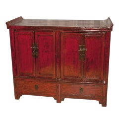 Antique Chinese Red Lacquer 4-door Elmwood Side Cabinet