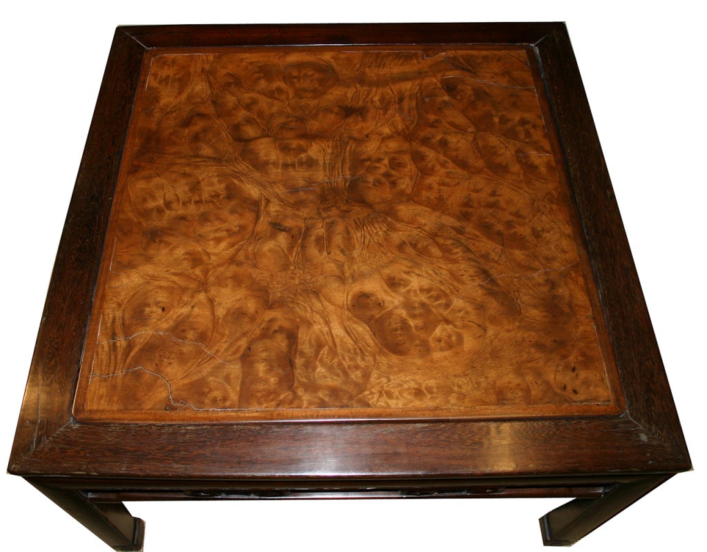 18th c Blackwood coffee table with burlwood top and lovely, simple designs on the sides. The square shape and size makes this easy to use.