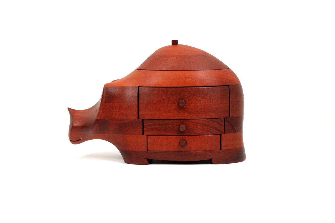 Vintage walnut jewelry box by Vermont wood artist Deborah Bump.  This whimsical box in the shape of a hippopotamus has 4 felt lined compartments for all your trinket and jewelry storage needs.  This example is larger than most of her vintage works. 