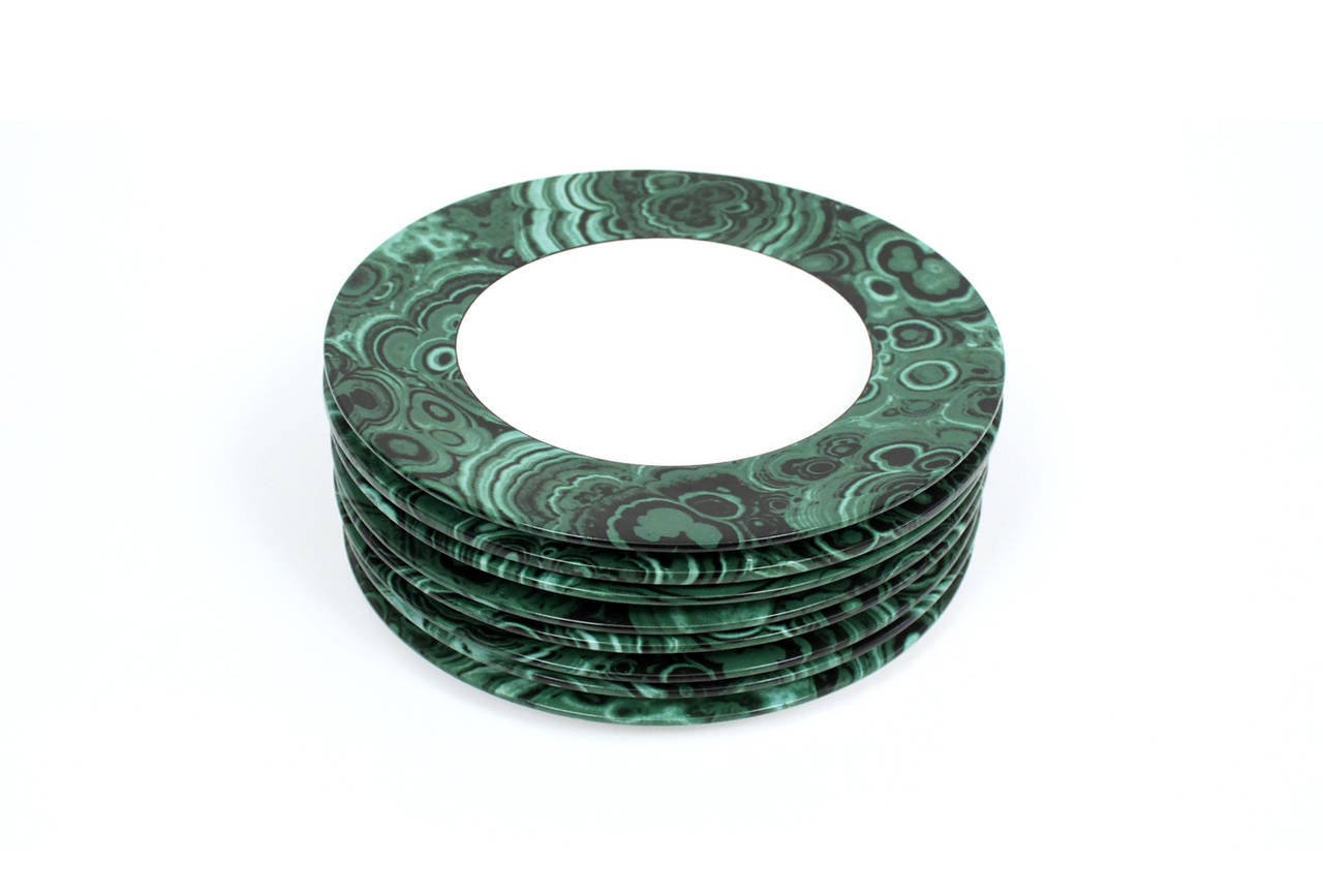 Mid-Century Modern Set of Italian Ceramic Malachite Dinner Plates in the Style of Fornasetti