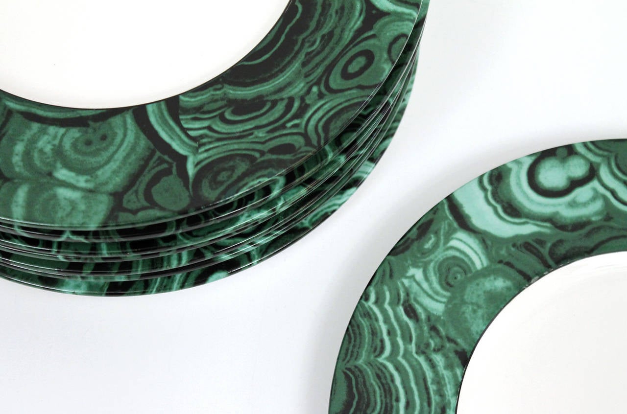 Late 20th Century Set of Italian Ceramic Malachite Dinner Plates in the Style of Fornasetti