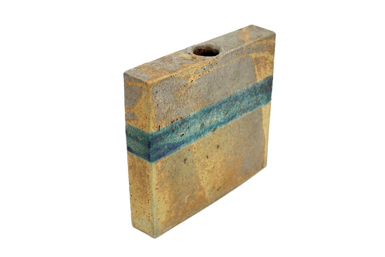 Rectangular slab constructed stoneware vase by William Wyman. This vase features stunning colors and a volcanic glaze. Executed in the 1960s at his Herring Run studio.