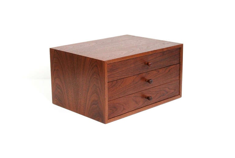 Figured walnut three drawer jewelry or letter chest with walnut pulls. Most likely custom.  Suitable for jewelry, letters, accessories, etc.