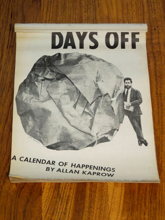 Commissioned  by the Junior Council of the Museum of Modern Art, New York.   Allan Kaprow made this calendar for the Museum of Modern Art in New York in 1970.  Chronicles nine Happenings of the mid- to late 1960s.   The introduction reads: “This is