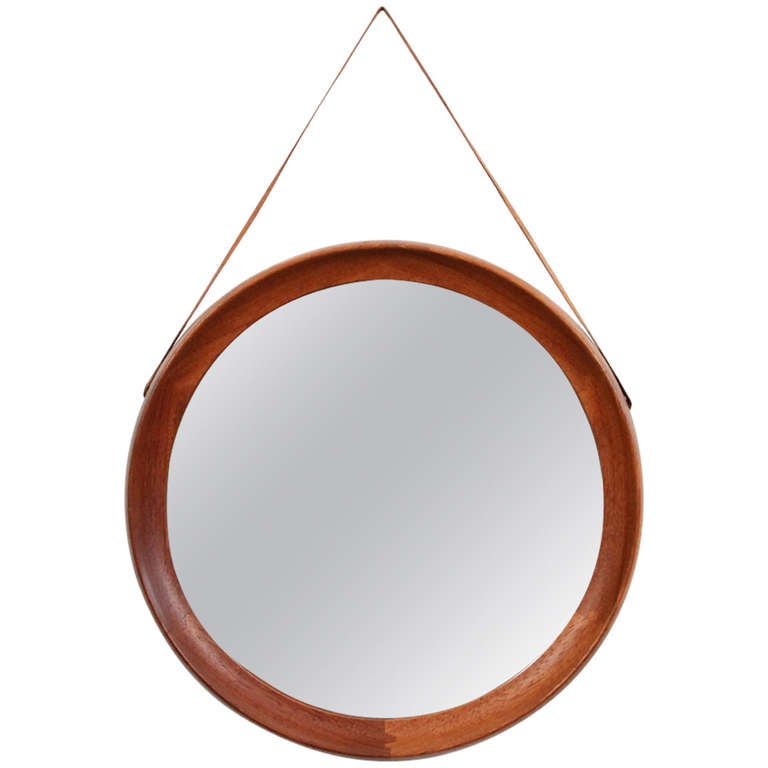 Teak Circular Mirror With Leather Strap By Pedersen And Hansen At Teak Circular Mirror With Leather Strap By Pedersen Hansen For