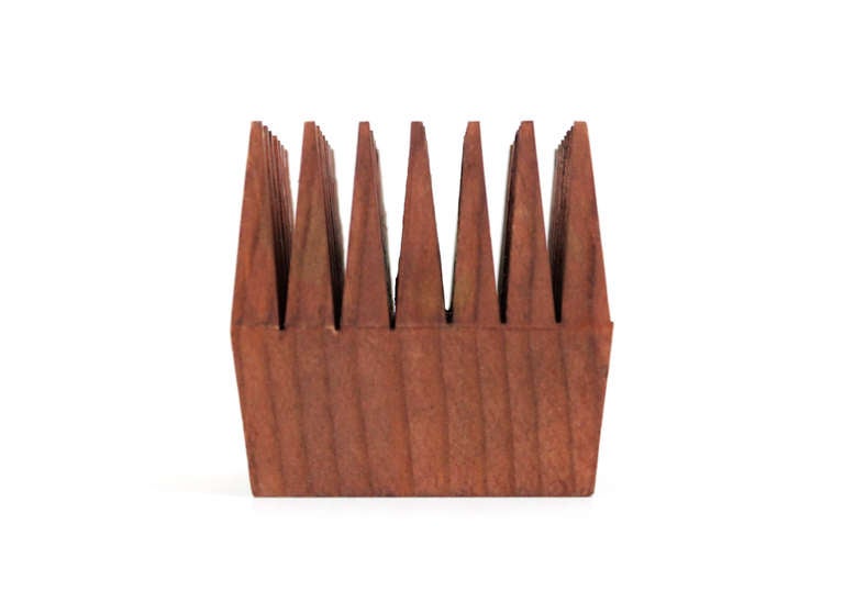 Unusual wood desk pencil holder by Finnish designer J.K. Pohjola.  Cool minimalist piece of sculpture for your desk.  Signed to the bottom.
