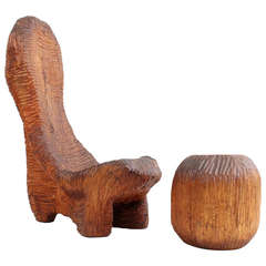 Carved Wooden Studio Craft Chair and Ottoman