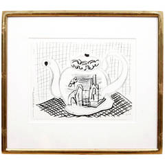 David Hockney Fax Drawing, circa 1988, "DH at the Beach"