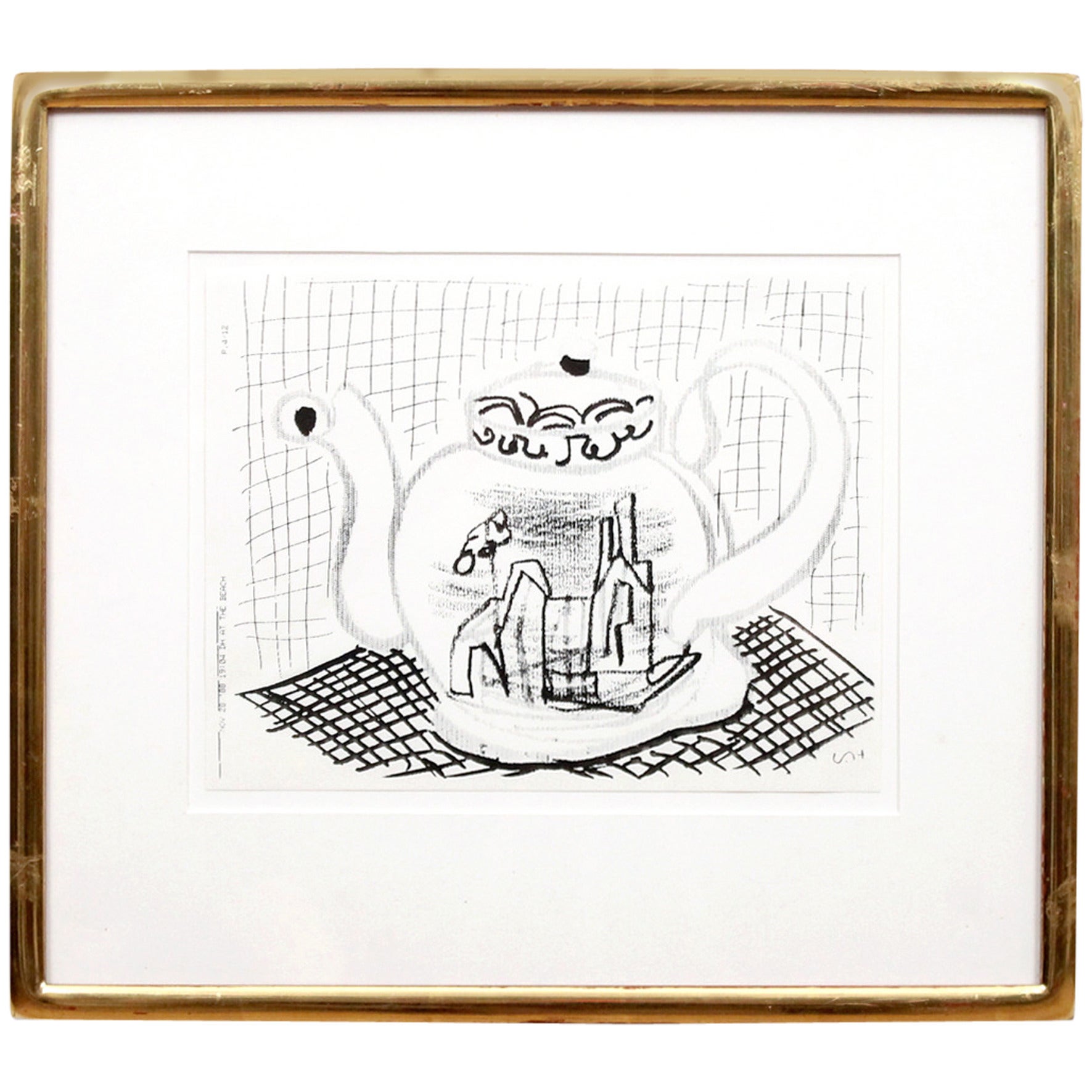 David Hockney Fax Drawing, circa 1988, "DH at the Beach"