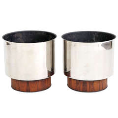 Pair of Tree Sized Rosewood and Stainless Steel Planters