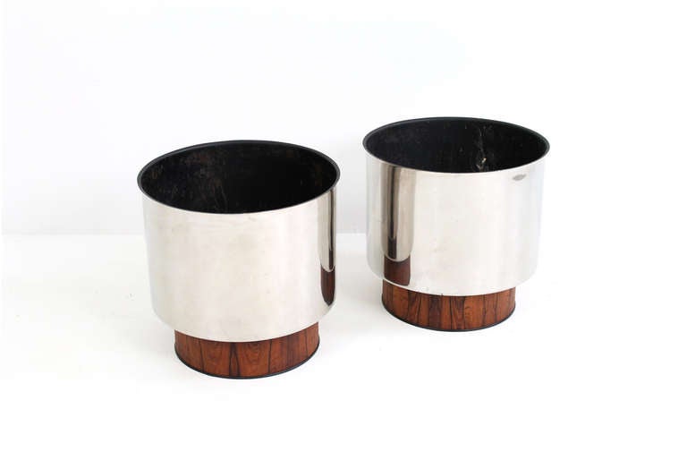 Pair of Tree Sized Rosewood and Stainless Steel Planters In Good Condition In Waltham, MA