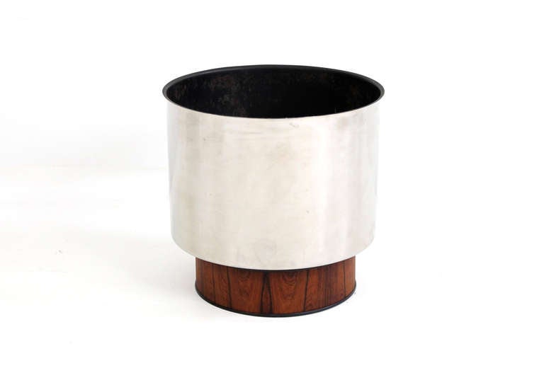 Mid-Century Modern Pair of Tree Sized Rosewood and Stainless Steel Planters