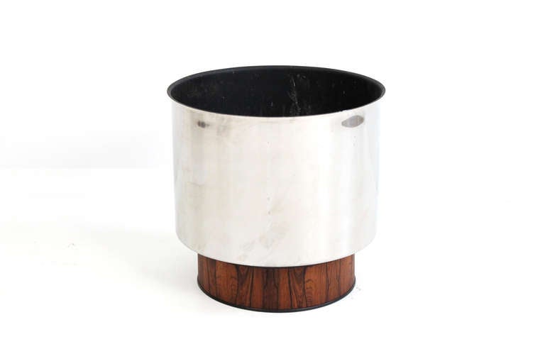 American Pair of Tree Sized Rosewood and Stainless Steel Planters
