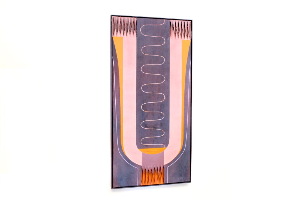 Janet Folsom Op Art painting executed by cutting painted canvas into strips to achieve an optical effect. Folsom was a well known Palm Beach area artist. She studied at the Boston Museum School under Alexander Iaccoleff. Folsom works can be found in