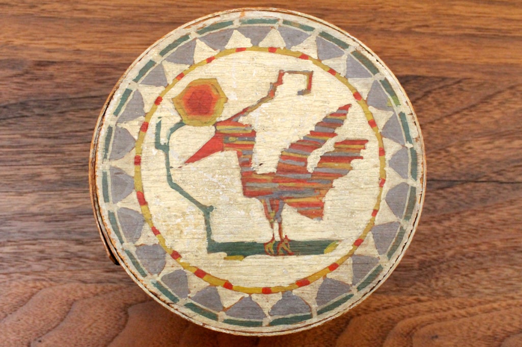 Whimsical polychrome painted covered box with a roadrunner.  Perfect for buttons or small pieces of jewelry. Most likely Southwest in origin.