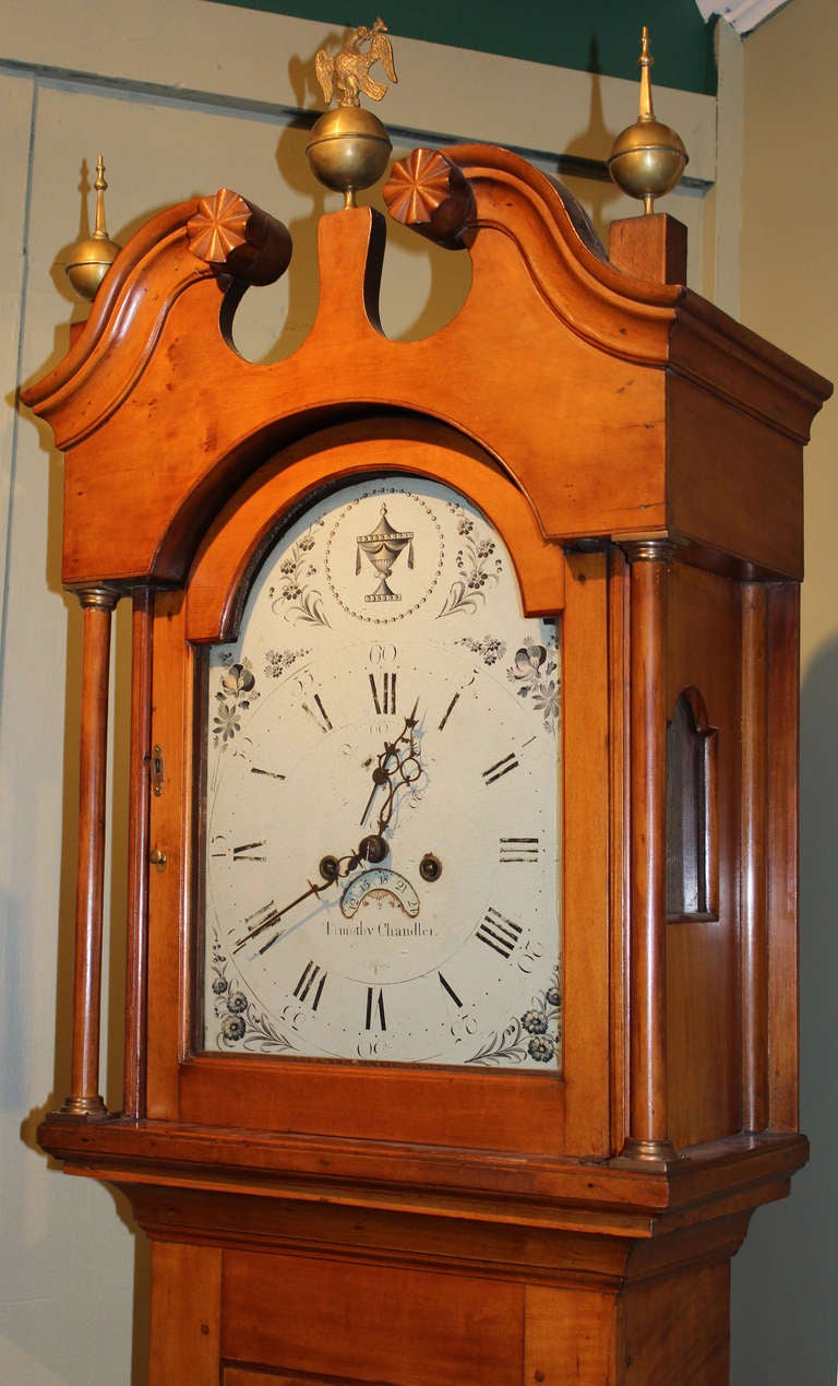This clock has a maple case with painted iron dial with marvelous house fly painted near the second hand. Ca. 1795-1810. Eight day brass movement with typical brass cutouts on plates to save costly brass and same pulleys with only one side being