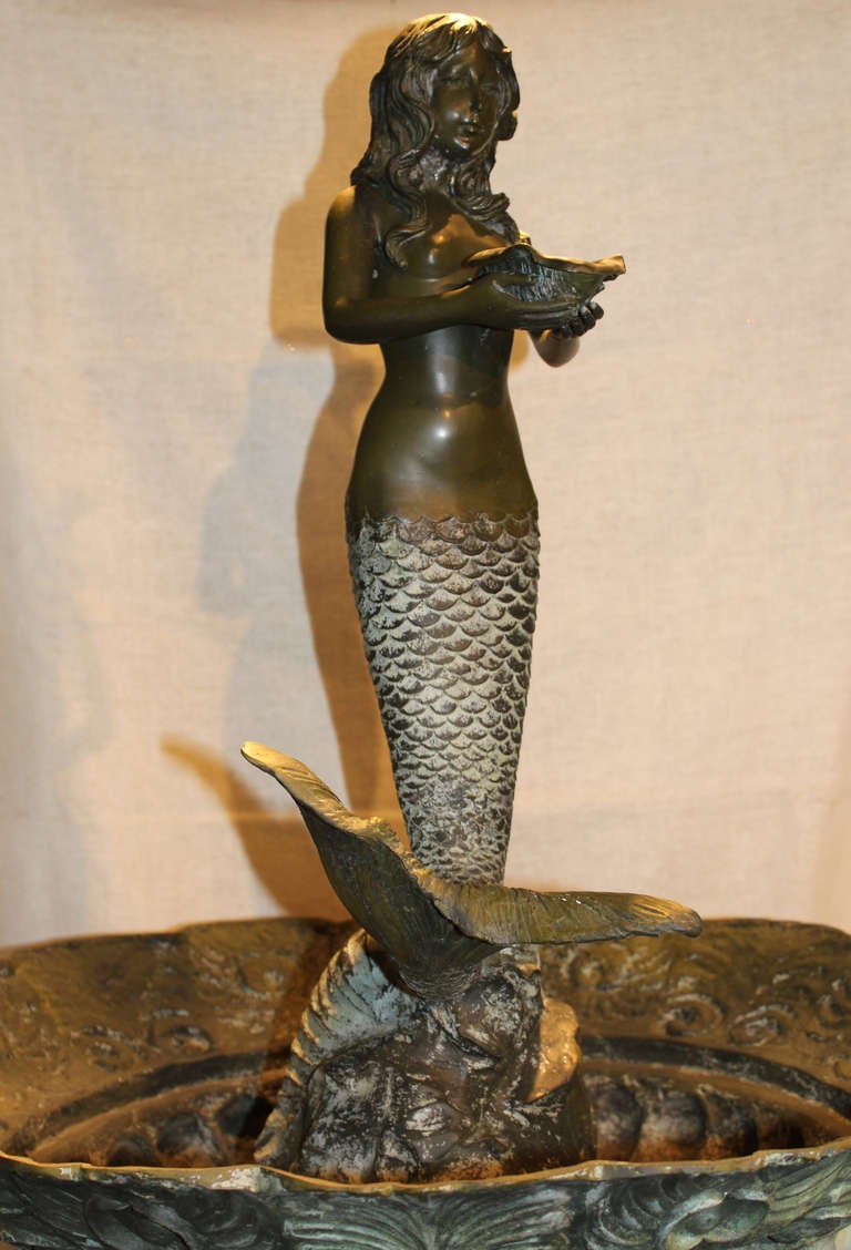 20th c Bronze Tiered Fountain with Mermaid, Putti, & Geese, after Auguste Moreau 1