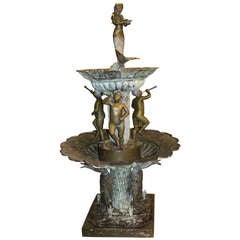 Vintage 20th c Bronze Tiered Fountain with Mermaid, Putti, & Geese, after Auguste Moreau