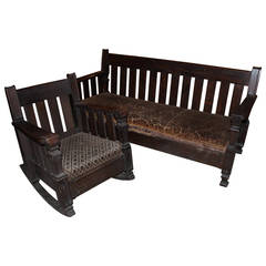Arts & Crafts Oak Rocking Chair and Settee