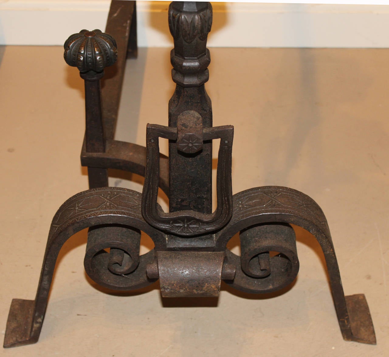 19th Century Spectacular Pair of Continental Bronze and Iron Andirons