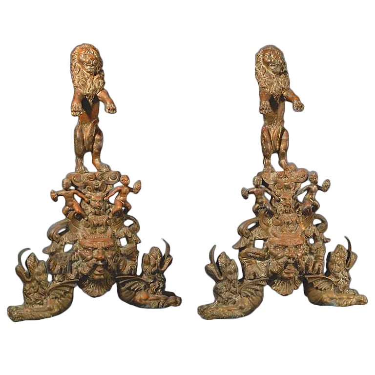 Bronze Figural Andirons with Lions & Mythical Creatures