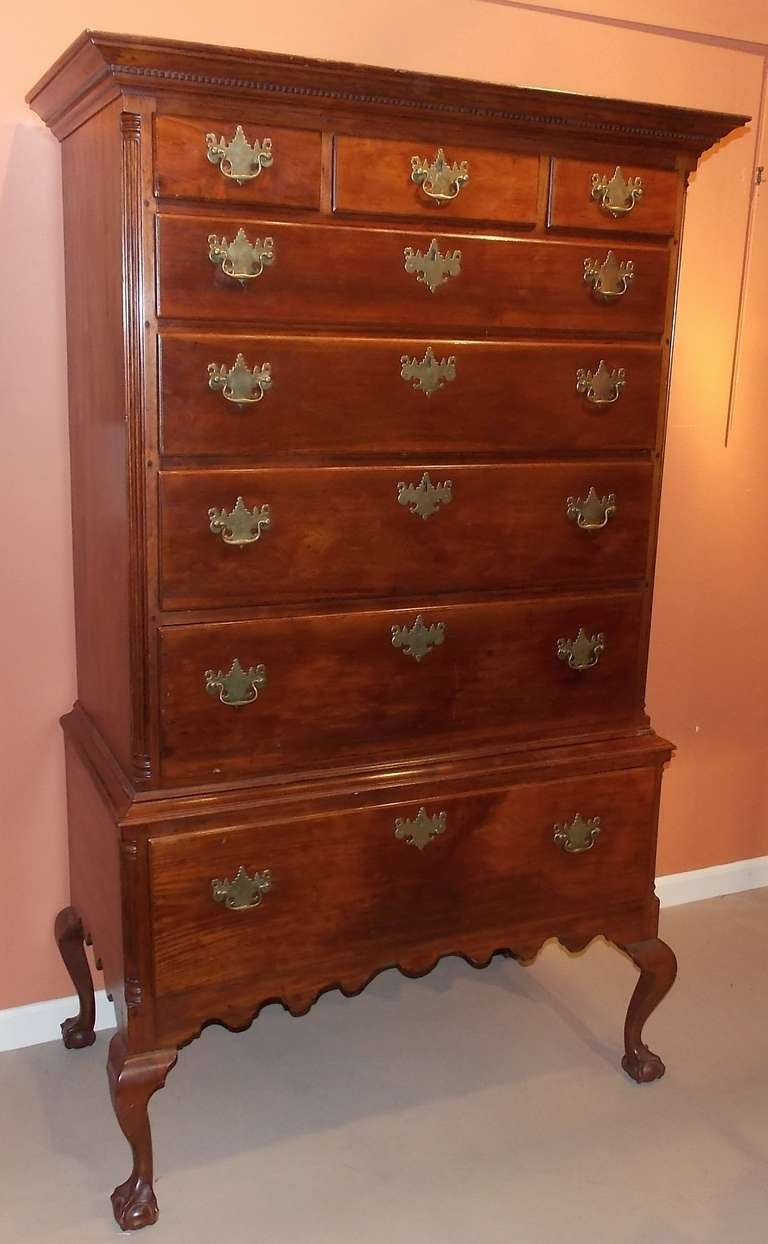 Pennsylvania highboy circa 1770-1800 with ball and claw feet, dentil molding and first brasses.
