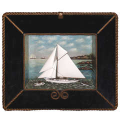 Used 19th c Ship Diorama with Rope Bordered Frame, probably Coastal Maine