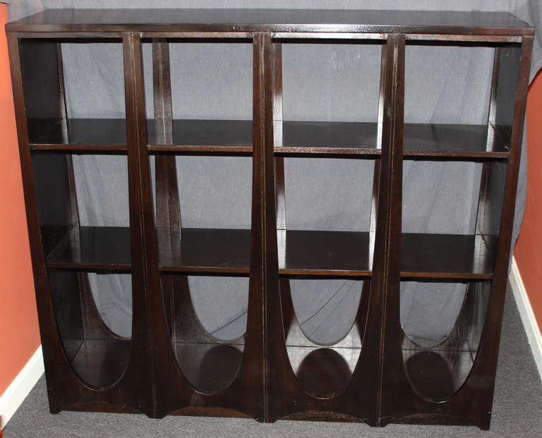 20th century style double-sided bookcase in ebonized finish. Great form and also makes for a room divider.