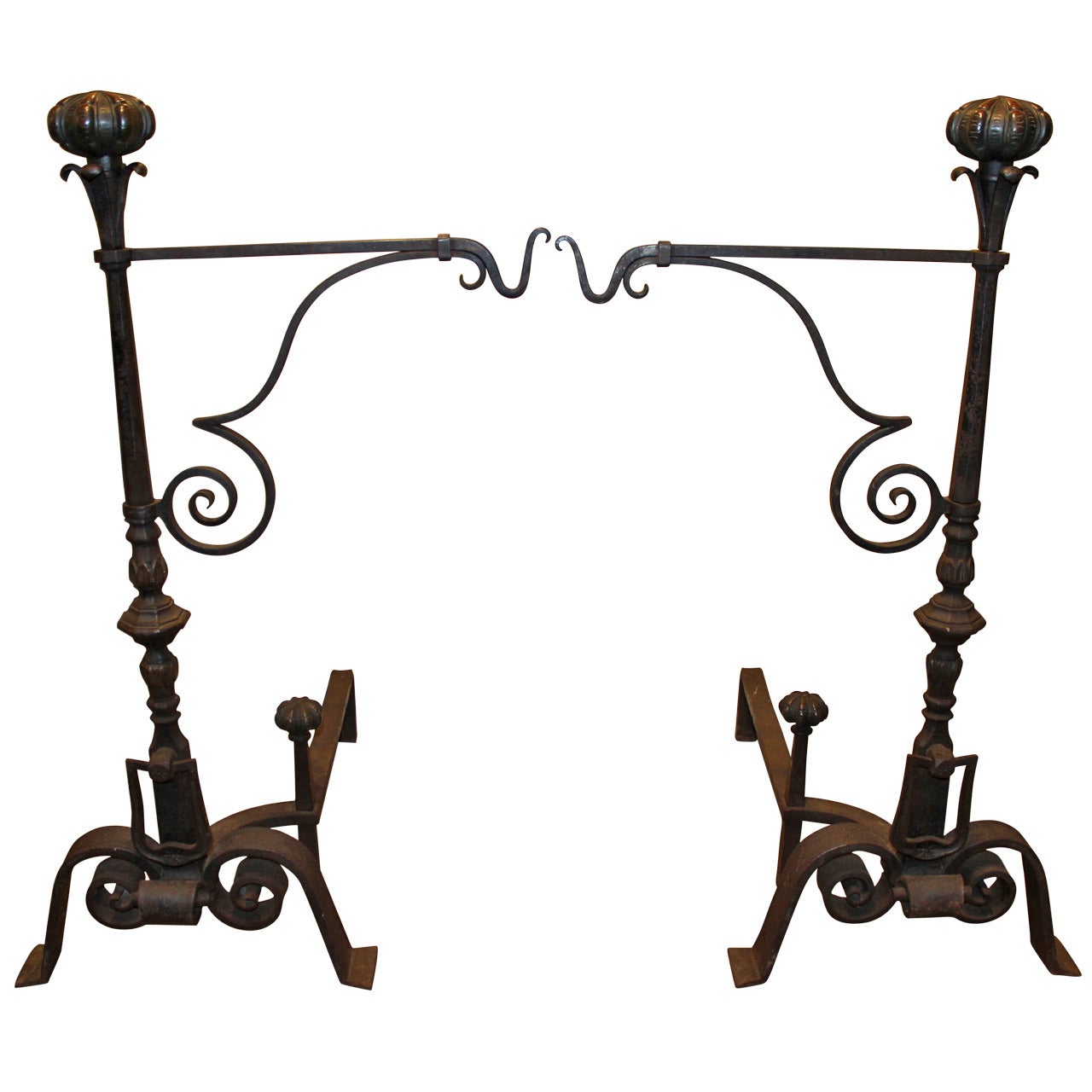 Spectacular Pair of Continental Bronze and Iron Andirons