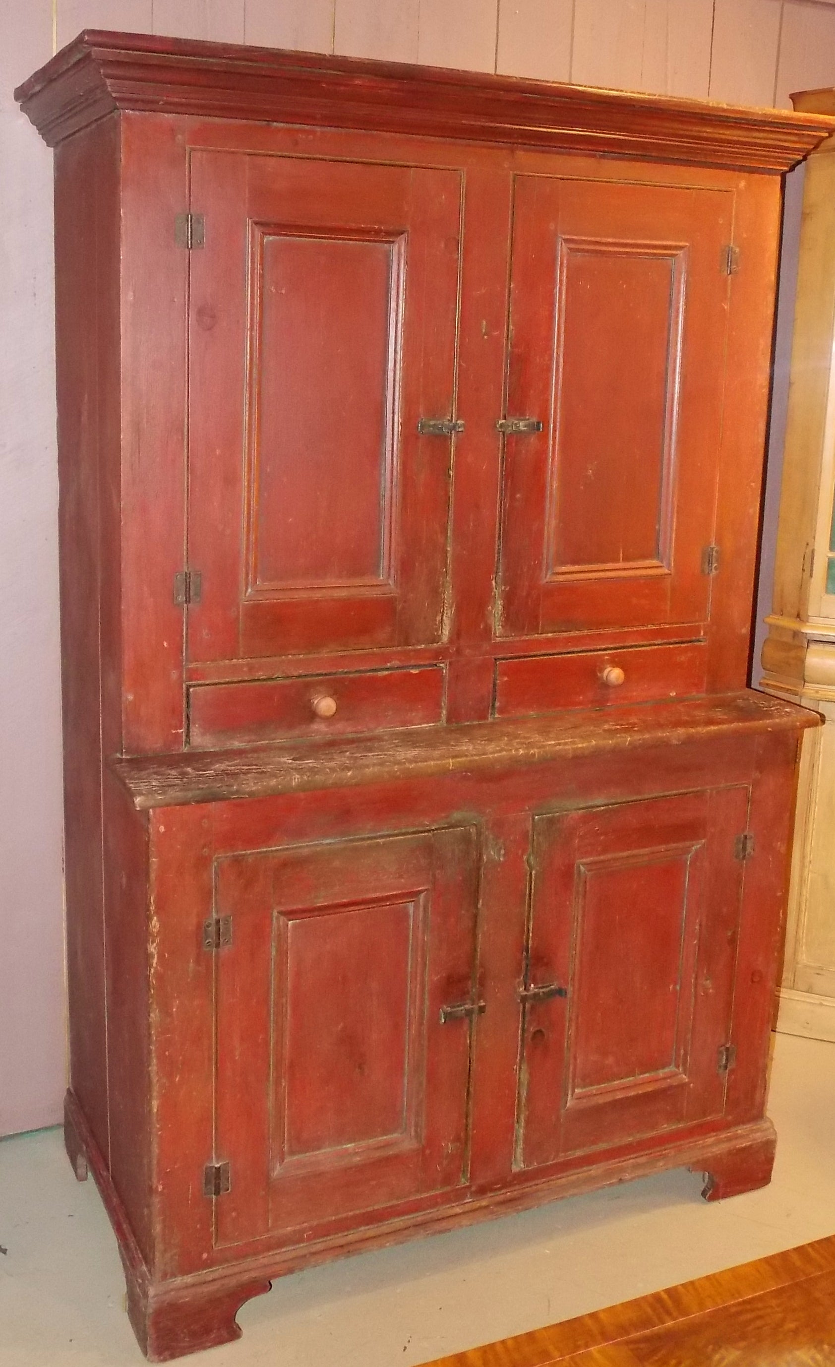 19th c. Red Painted Blind-Door Stepback Cupboard