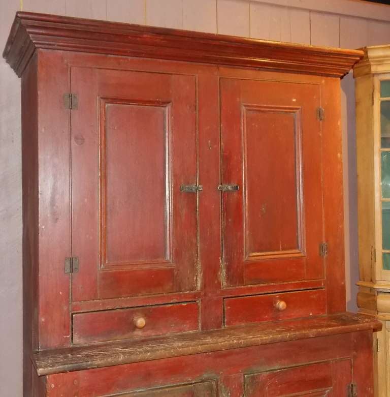 Unknown 19th c. Red Painted Blind-Door Stepback Cupboard