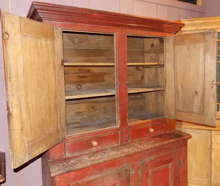 19th Century 19th c. Red Painted Blind-Door Stepback Cupboard